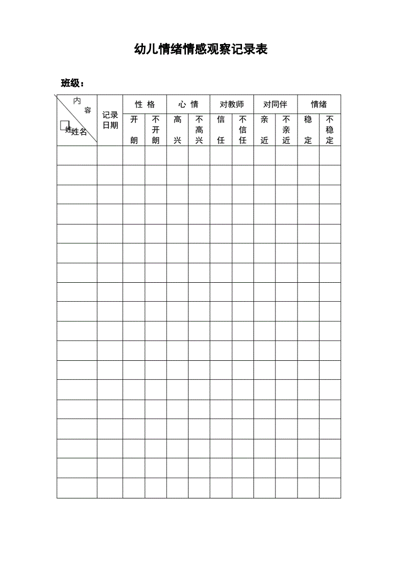 幼儿情绪记录表格